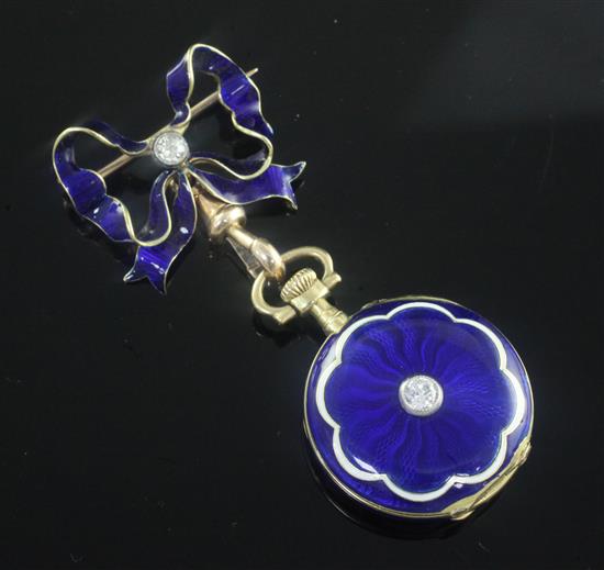 An early 20th century 18ct gold, blue enamel and diamond set keyless dress fob watch,